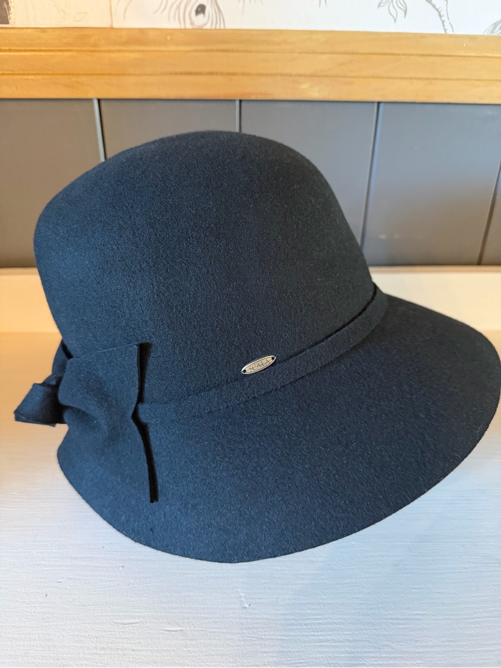 Scala Black Wool Cloche Hat with Bow Accent